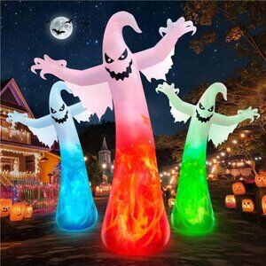 12FT Giant Halloween Inflatables Ghost with 3-Colored Flame Rotation LED